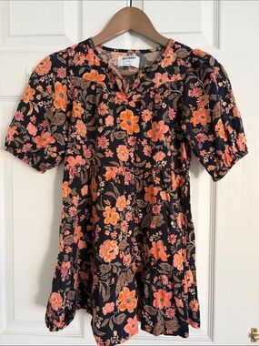 Old Navy Black Floral Babydoll Top - Coral & Tan Print